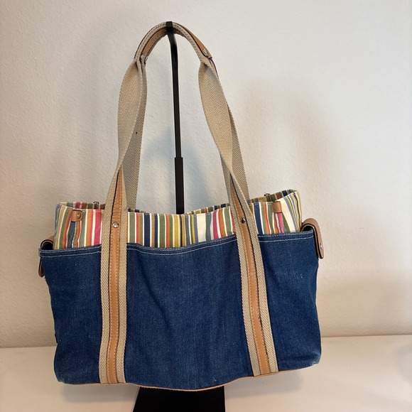 Rosetti Handbags - Rosetti 2000s Denim Tote Bag Blue Cotton Striped Canvas Shoulder Bag Vinyl Trim
